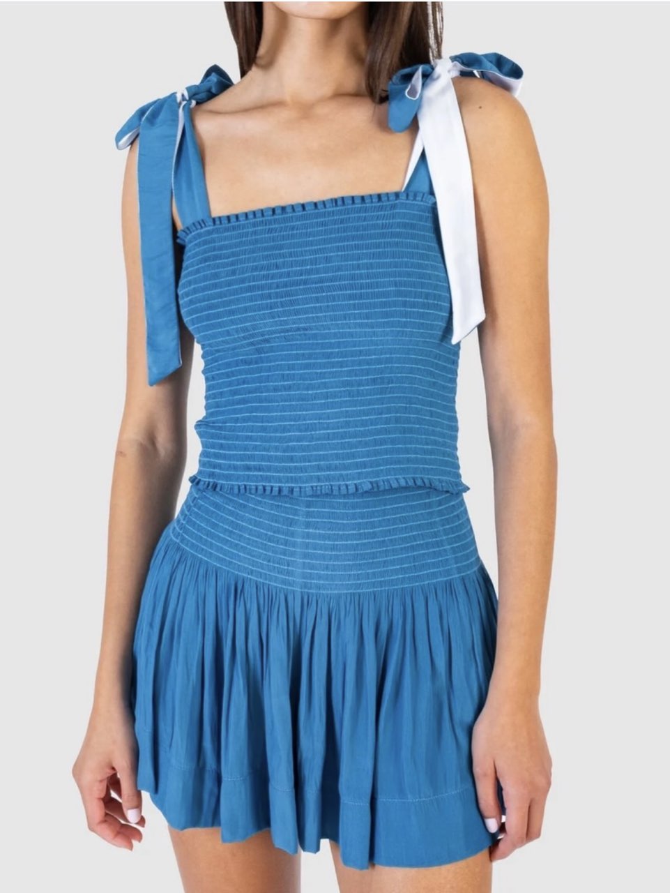 Blue Smocked Tie-Shoulder Top & Short Set