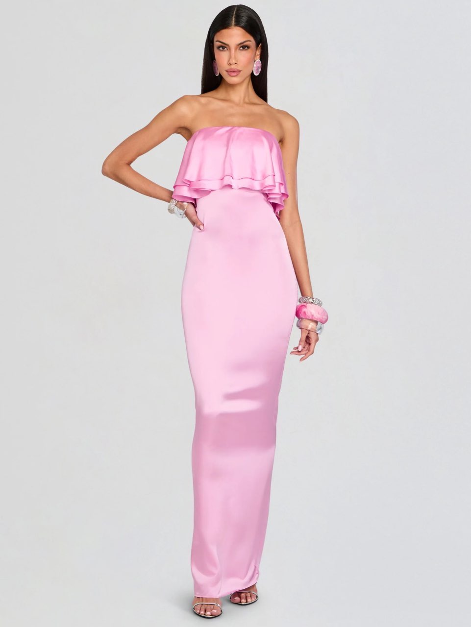 Pink Ruffled Strapless Maxi Dress