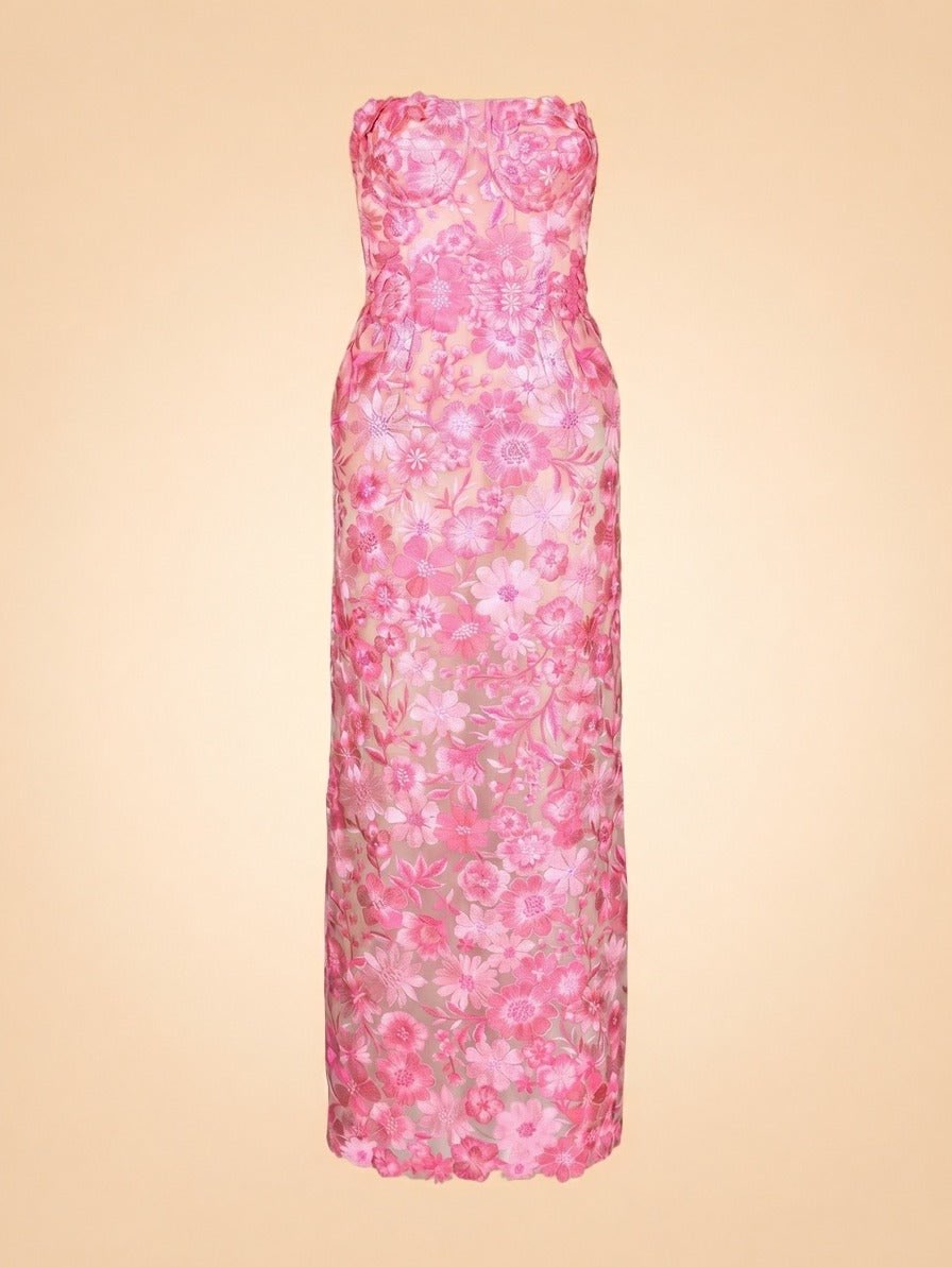 Strapless Floral Embroidered Midi Dres