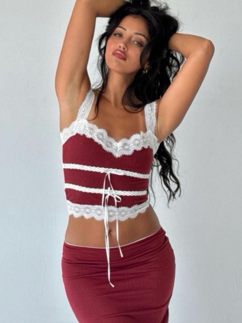 Burgundy Lace-Trim Corset Top & Midi Skirt Set