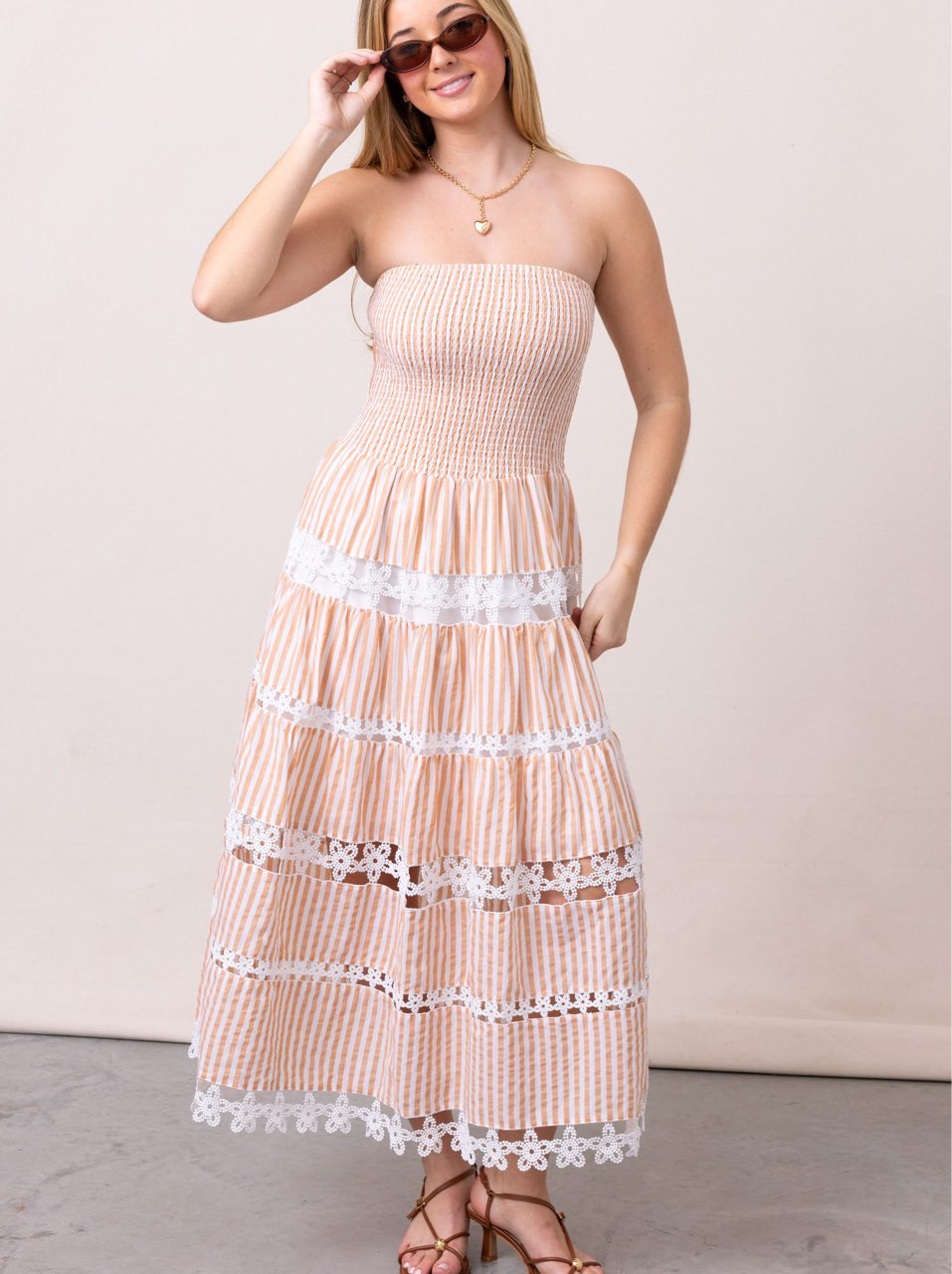 Peach Striped Smocked Tiered Maxi Dress