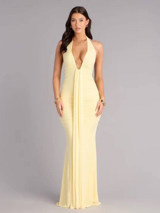 Pale Yellow Halter Neck Ruched Maxi Dress