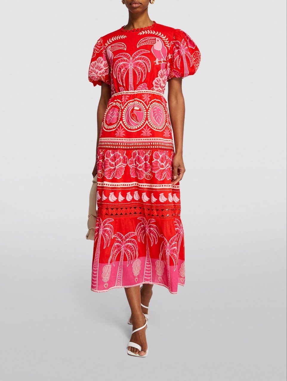 Red Tropical Puff Sleeve Midi Dress
