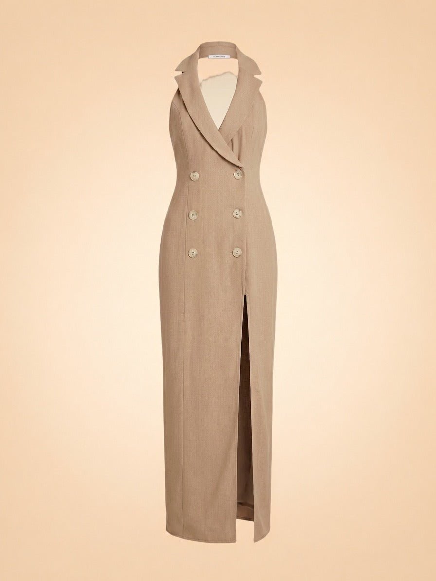 Taupe Halter Blazer Midi Dress