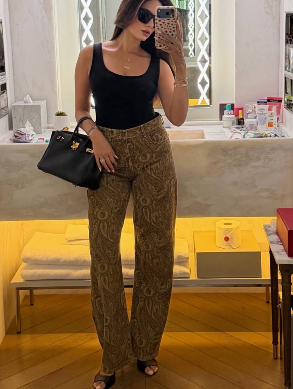 Brown Paisley Wide-Leg Jeans