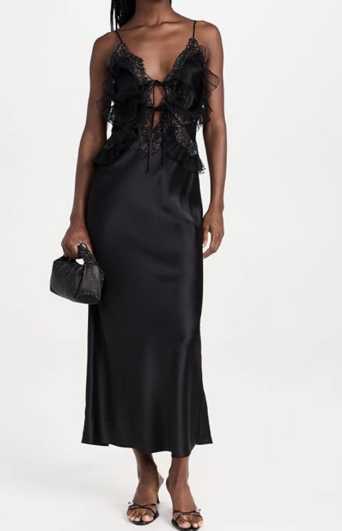 Black Satin Lace Ruffle Midi Slip Dress