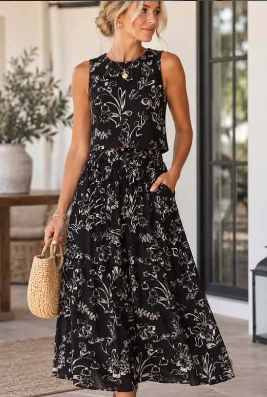 Black Floral Two-Piece Skirt Set