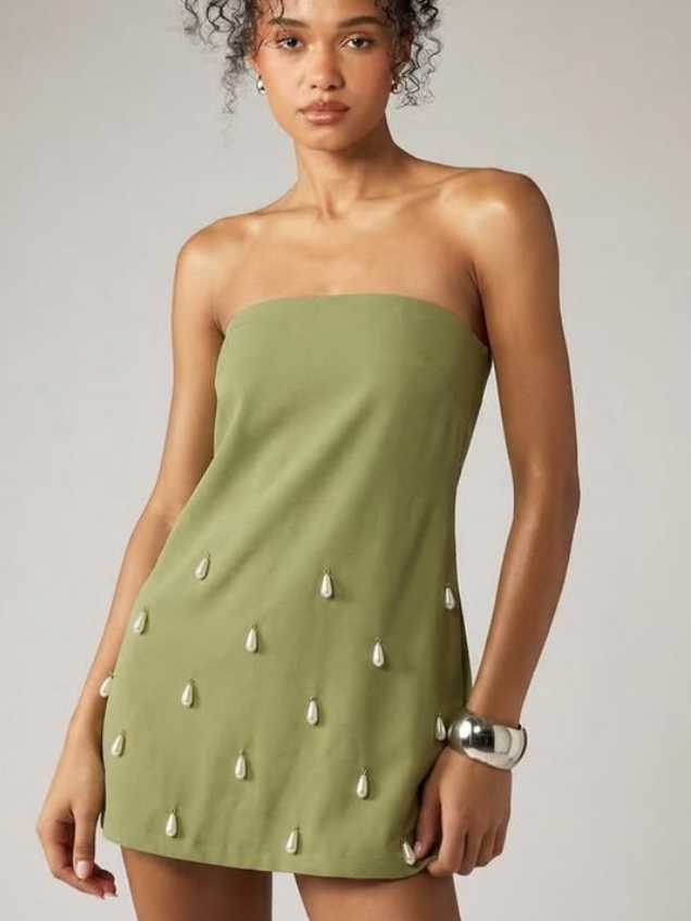 Olive Green Strapless Pearl Mini Dress