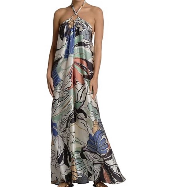 Botanical Printed Ring Halter Maxi Dress