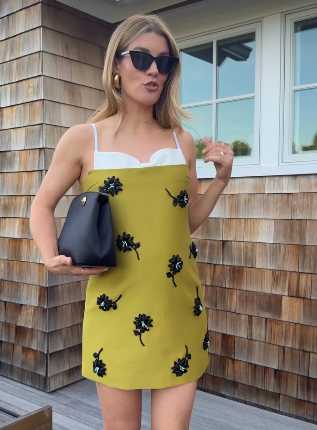 Lime Green Floral Embellished Mini Dress