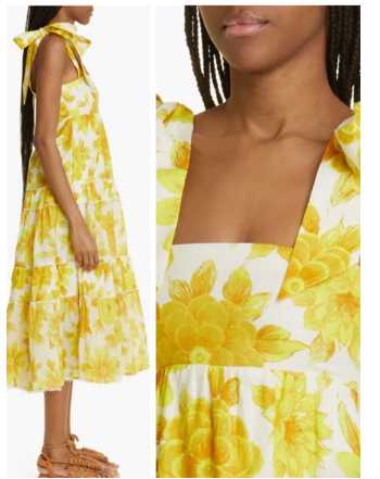 Yellow Floral Tie-Shoulder Tiered Midi Dress