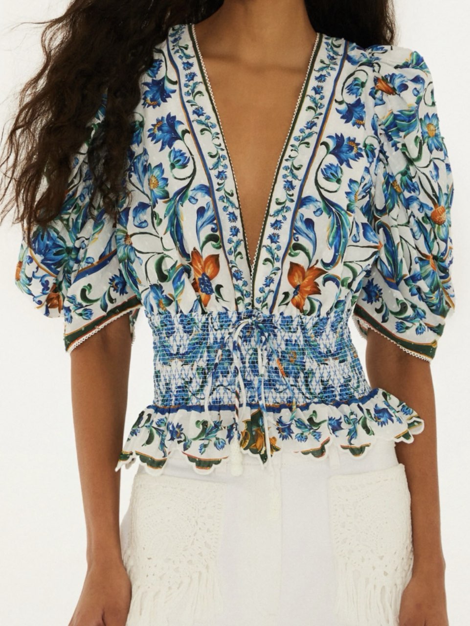 Farm Rio Off-White Flora Tile Smocked Organic Cotton Blouse