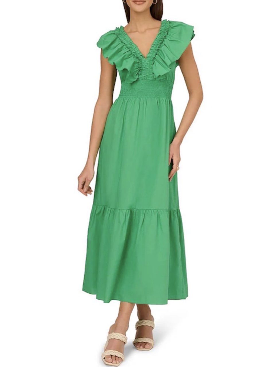 Green Ruffled Smocked Midi Dress