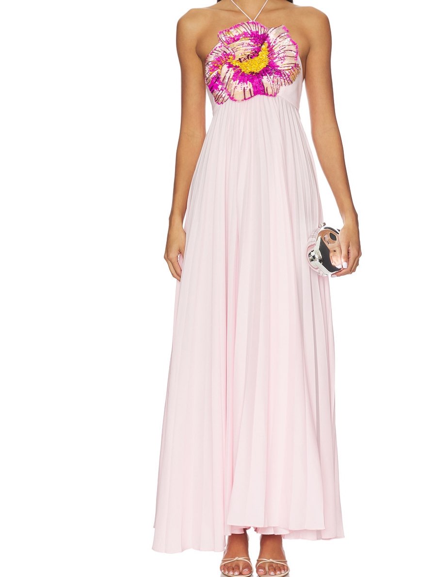 Pink Floral Halter Pleated Maxi Dress