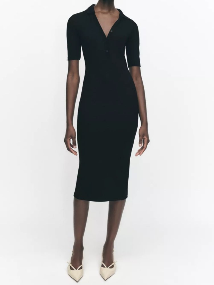Black Ribbed Polo Midi Dress