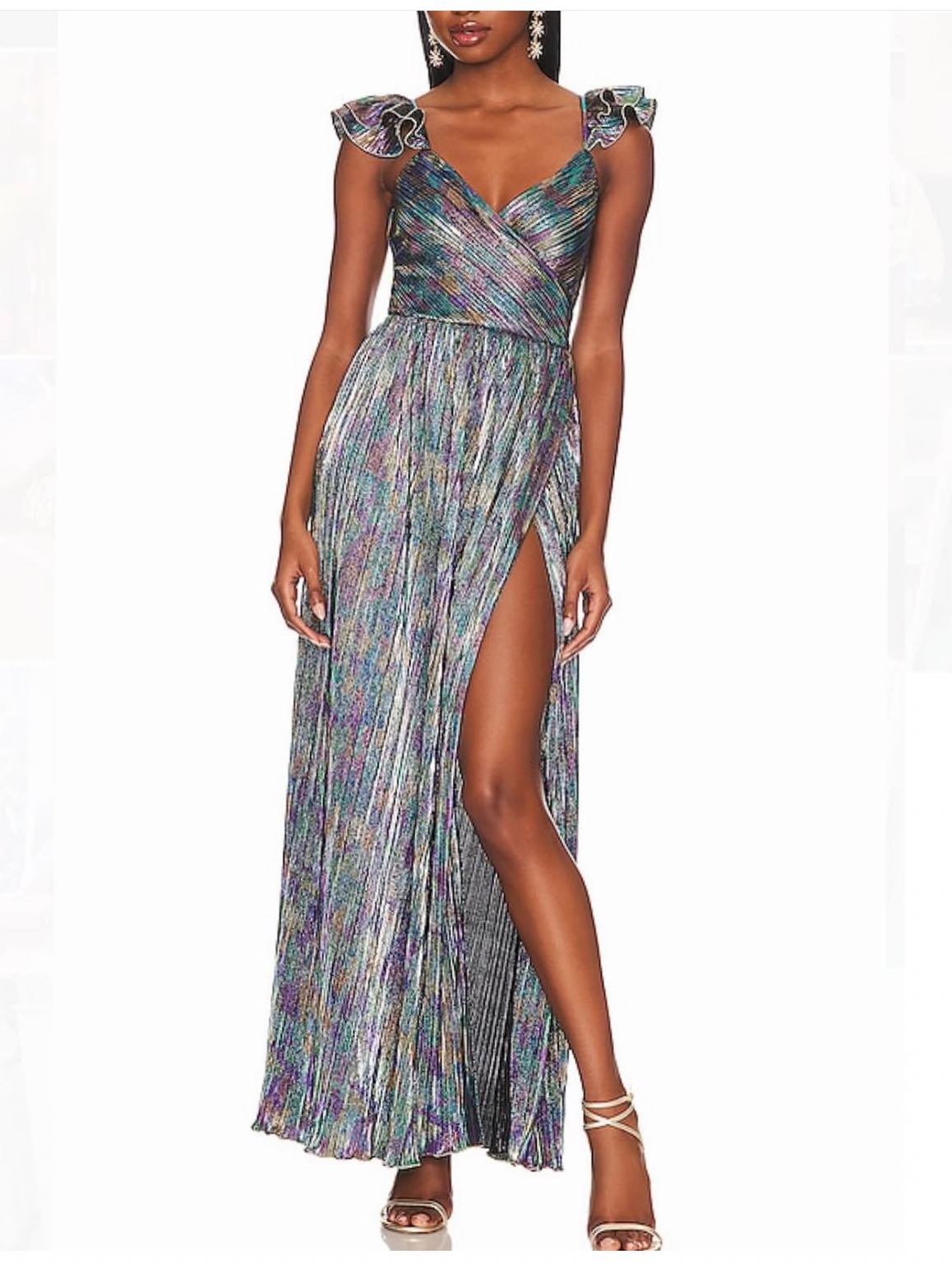 Saylor Imara Gown Maxi Dress Metallic Pleated Silver Multi Mardi