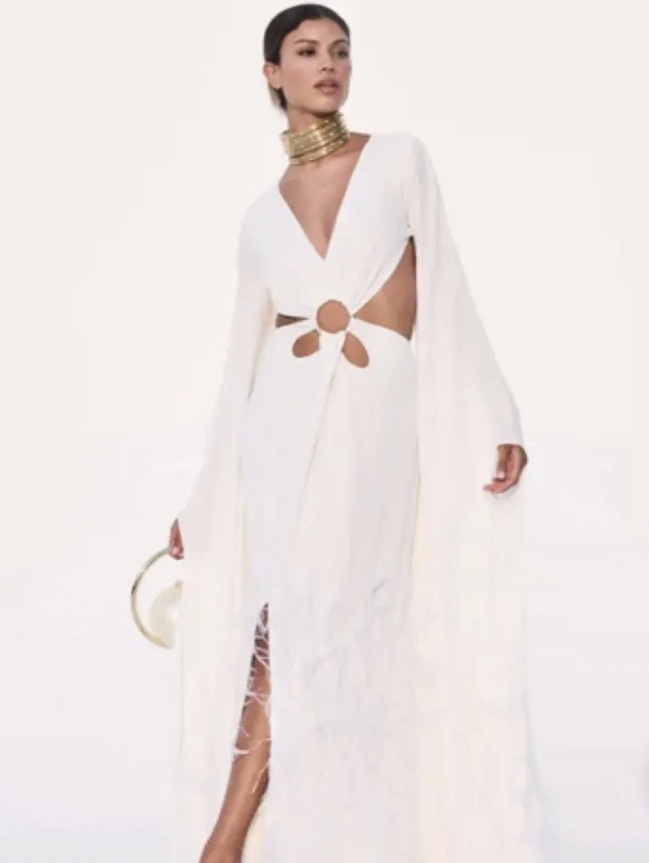 White Cut-Out Feathered Gown