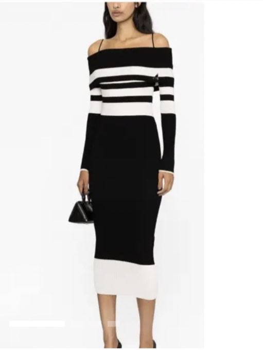 Black and White Striped Off-Shoulder Midi Dress
