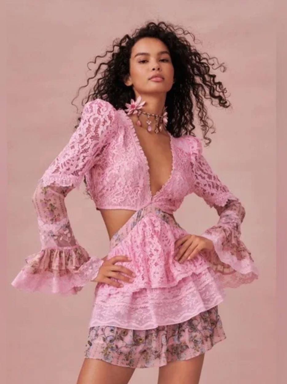 Love Shack Fancy Beaded and Lace Mini Dress