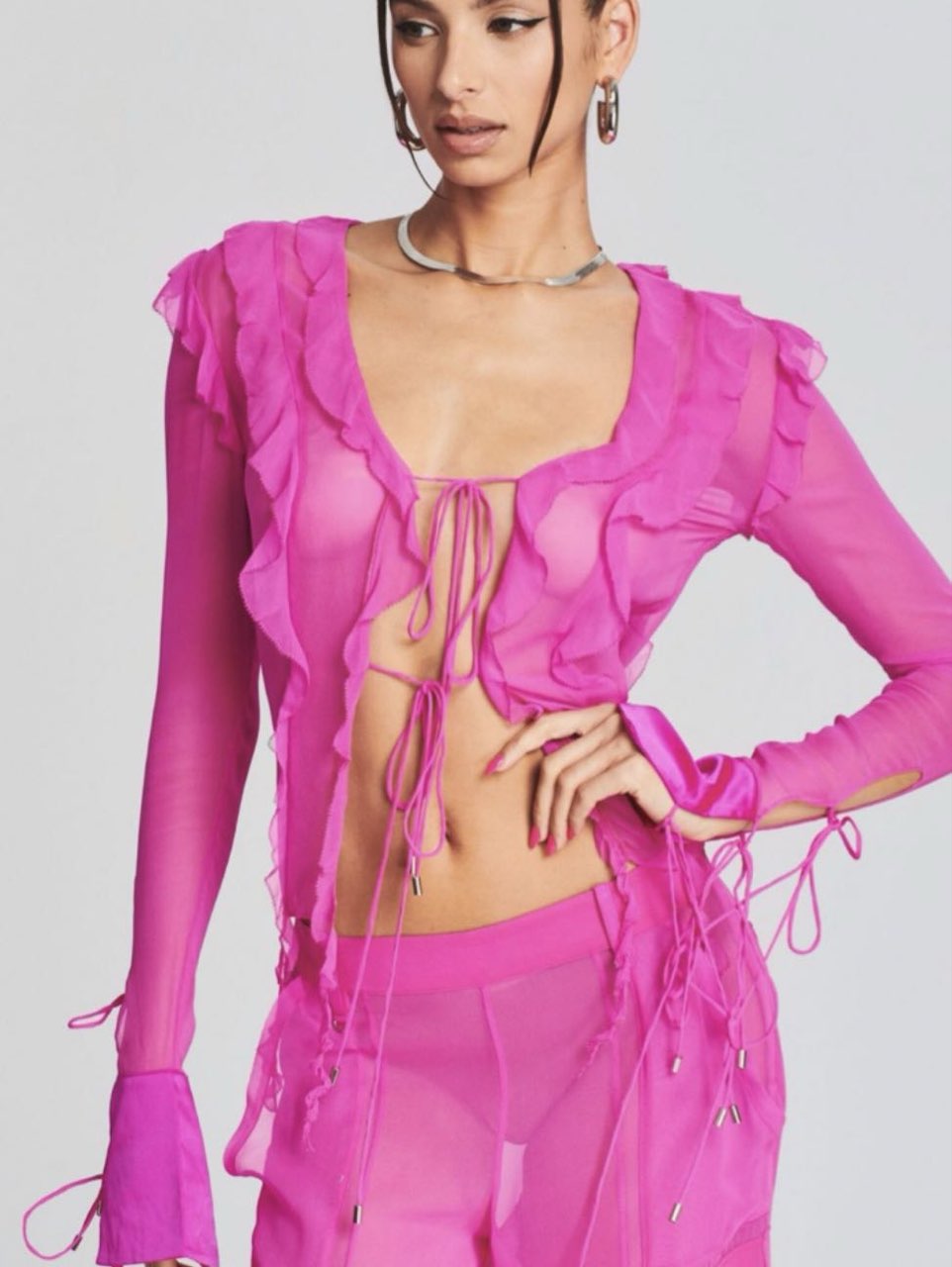 Pink Sheer Ruffle Tie-Front Top