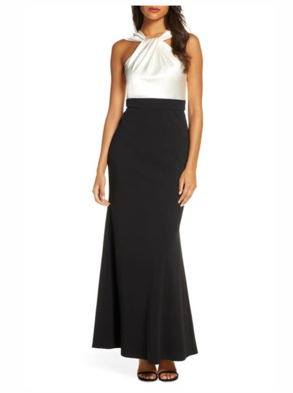 Black and White Twist Front Satin Bodice Trumpet Gown