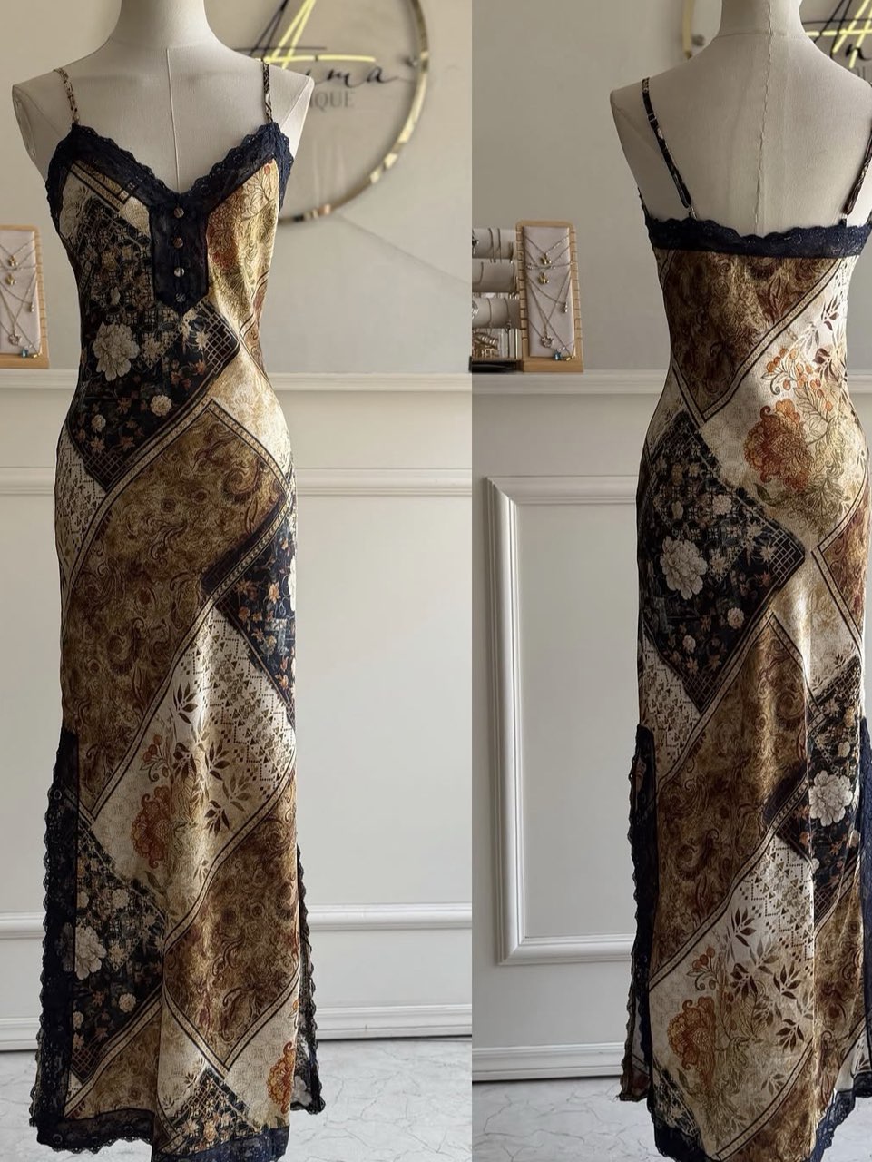 Patchwork Print Lace-Trim Maxi Dress