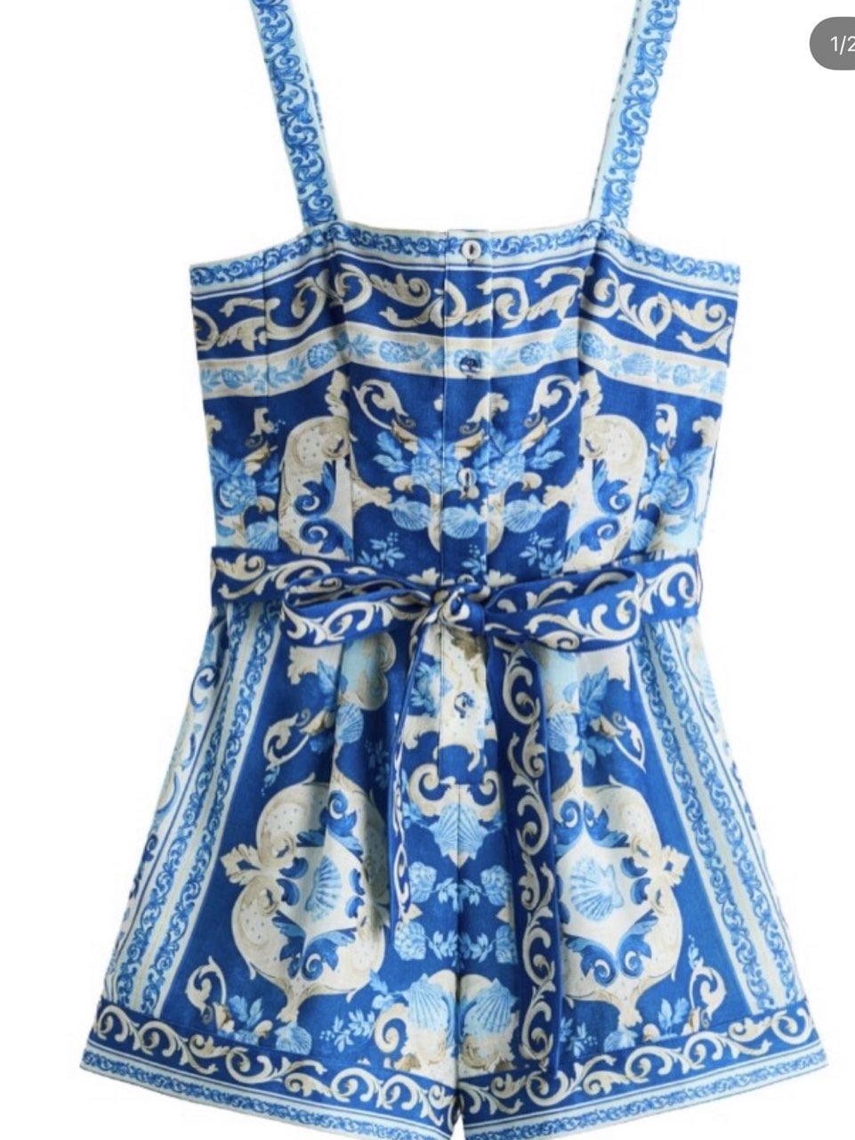 Blue and White Baroque Print Romper