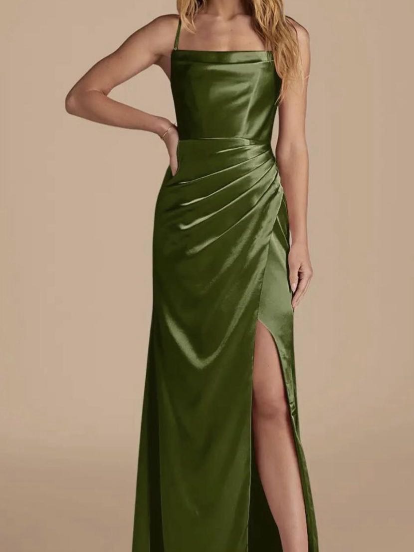 Olive Satin Slit Maxi Dress
