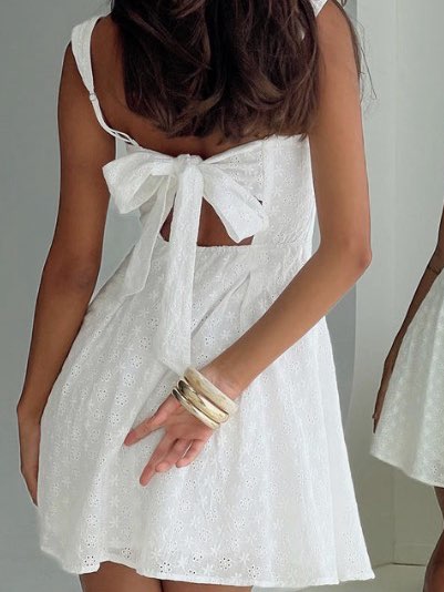 White Textured Mini Dress with Back Bow