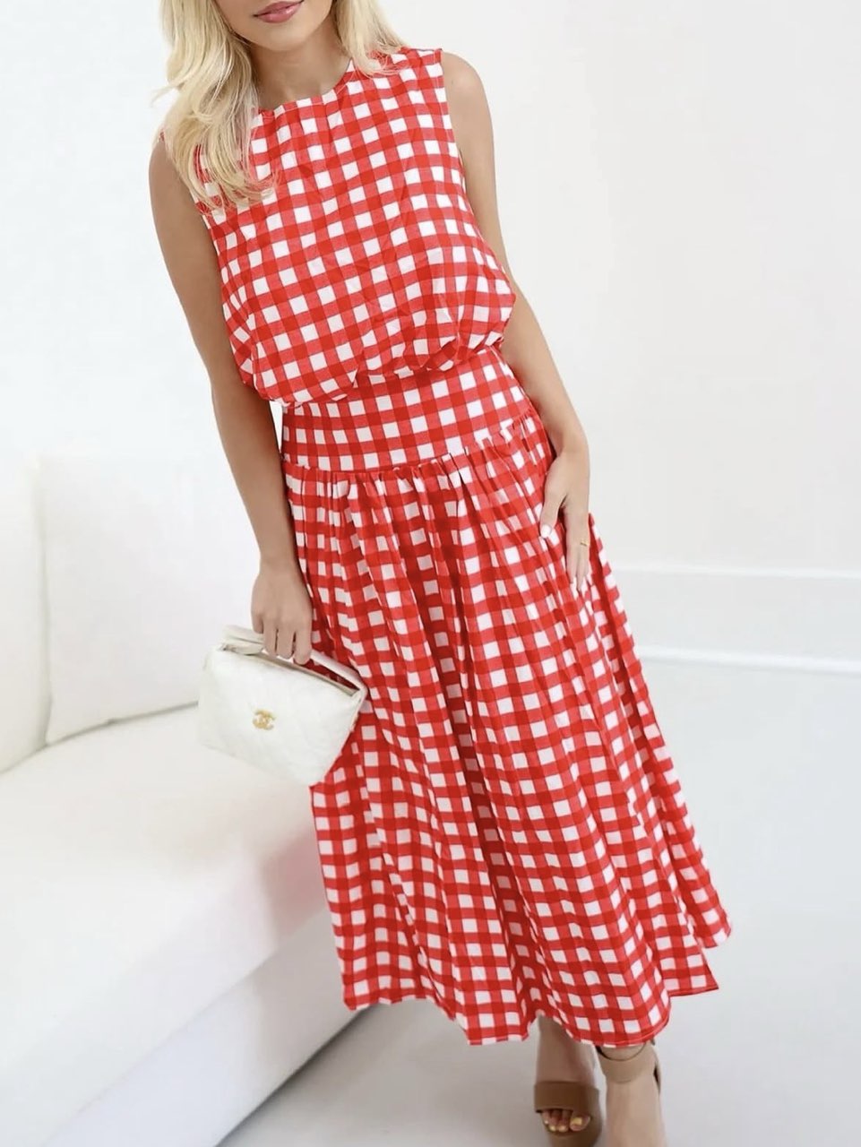 Red Gingham Sleeveless Midi Dress