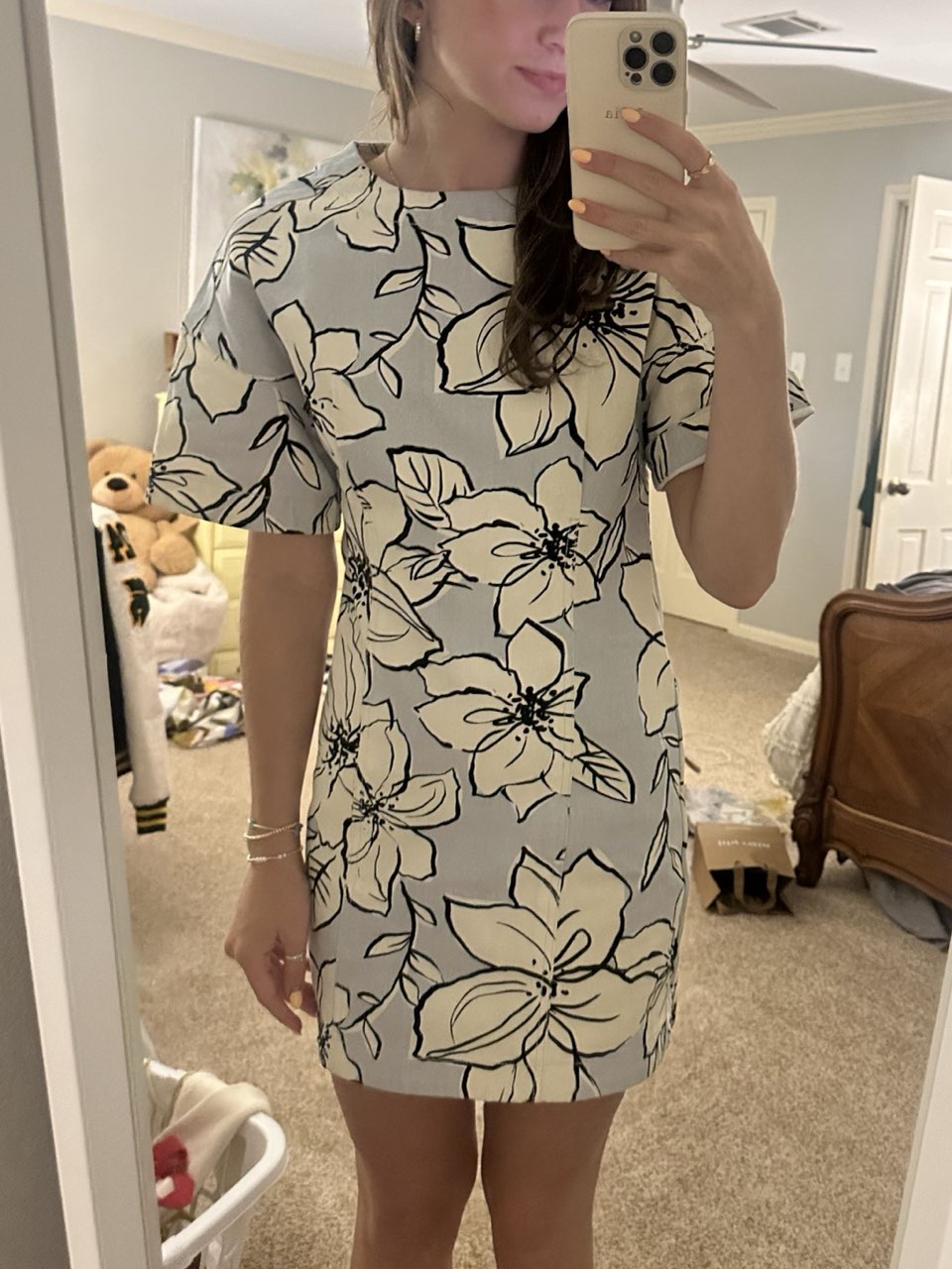 Floral short sleeve denim mini dress