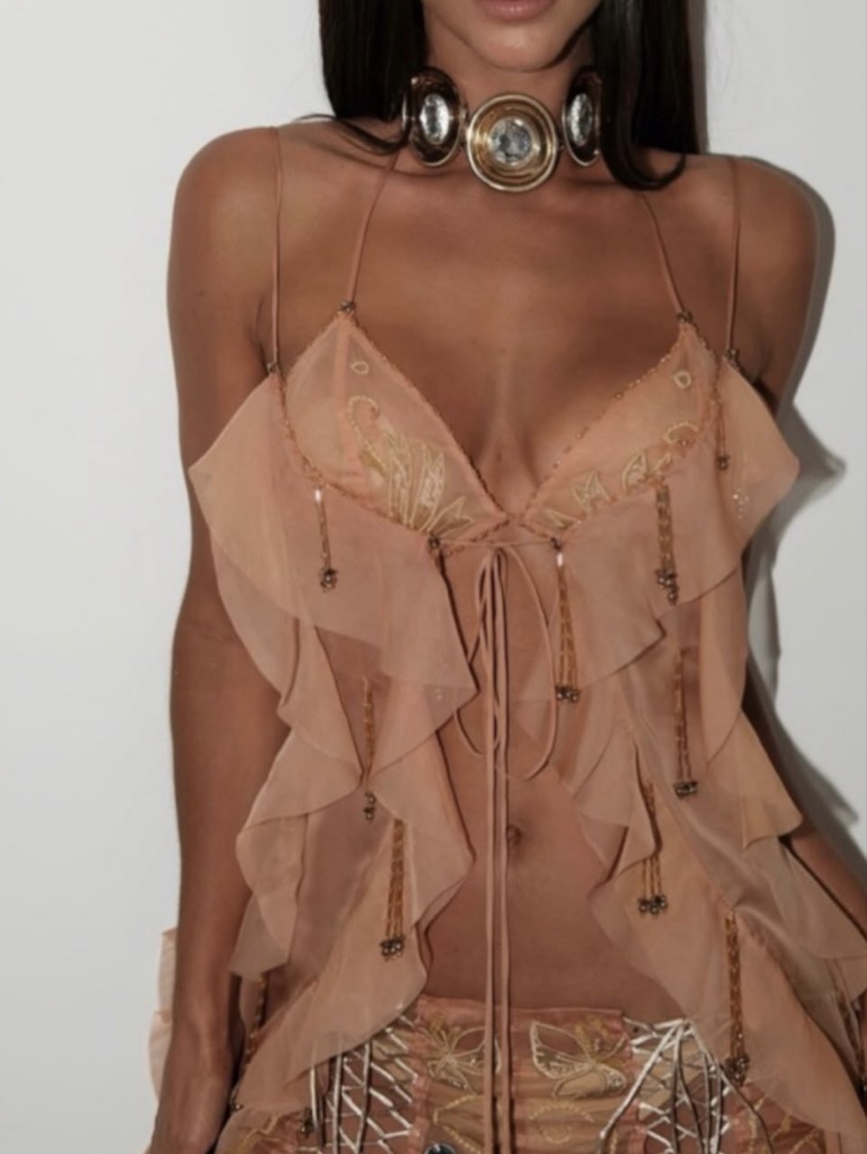 Embroidered Ruffle Spaghetti Strap Top