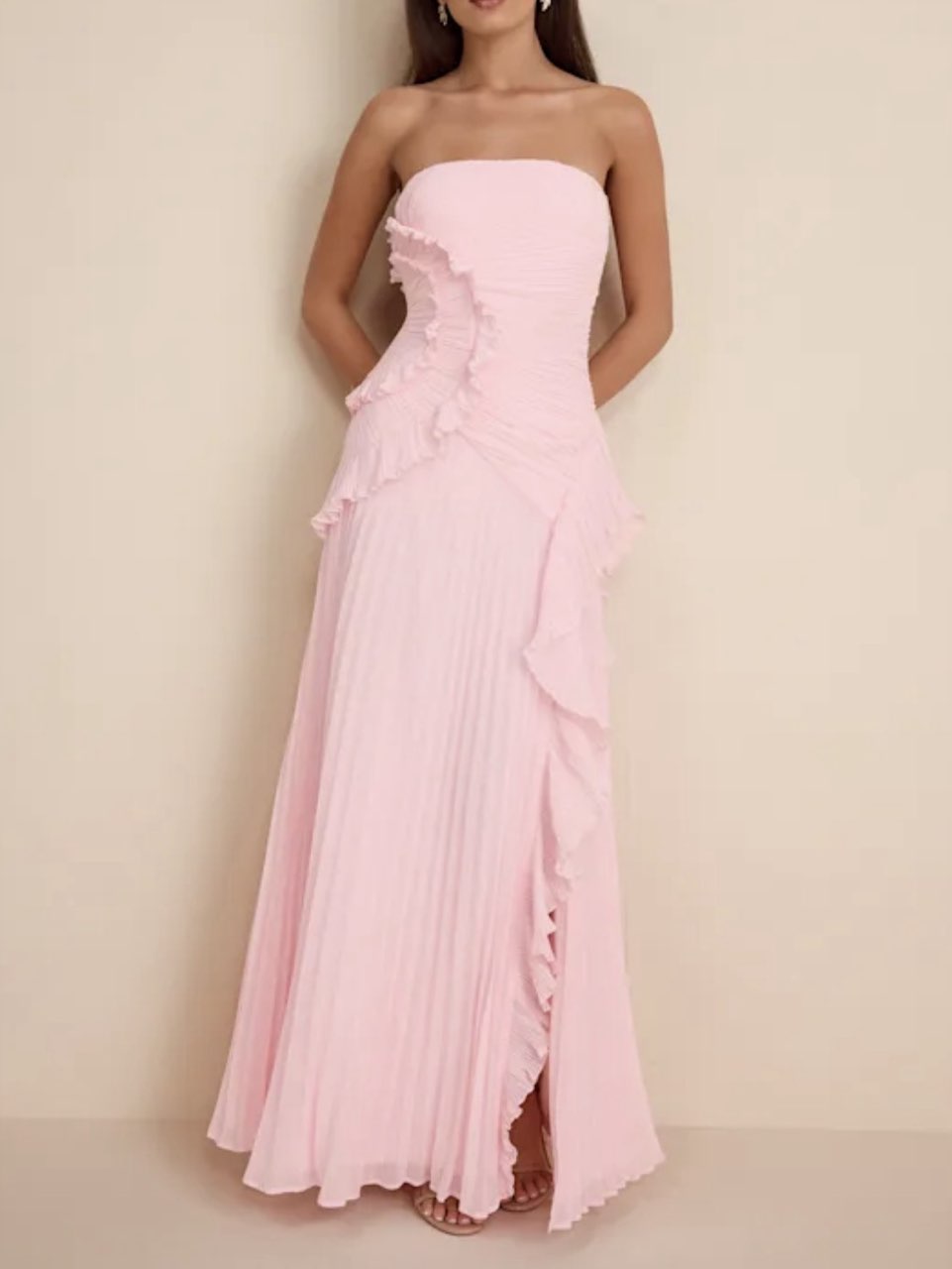 Light pink Pleated Ruffle Maxi Dresss