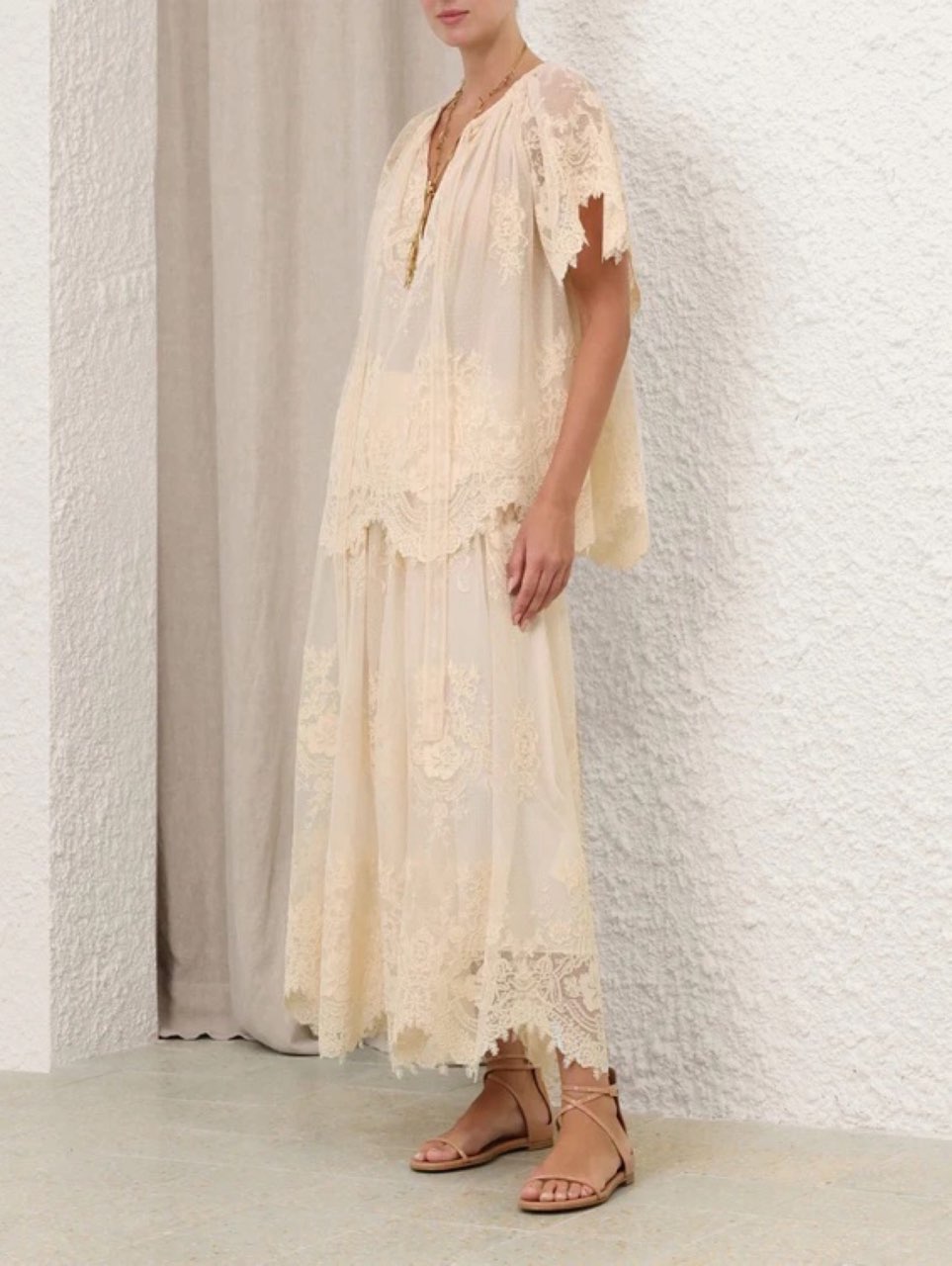 Cream Lace Ruffle Crop Top and Midi Skirt Set