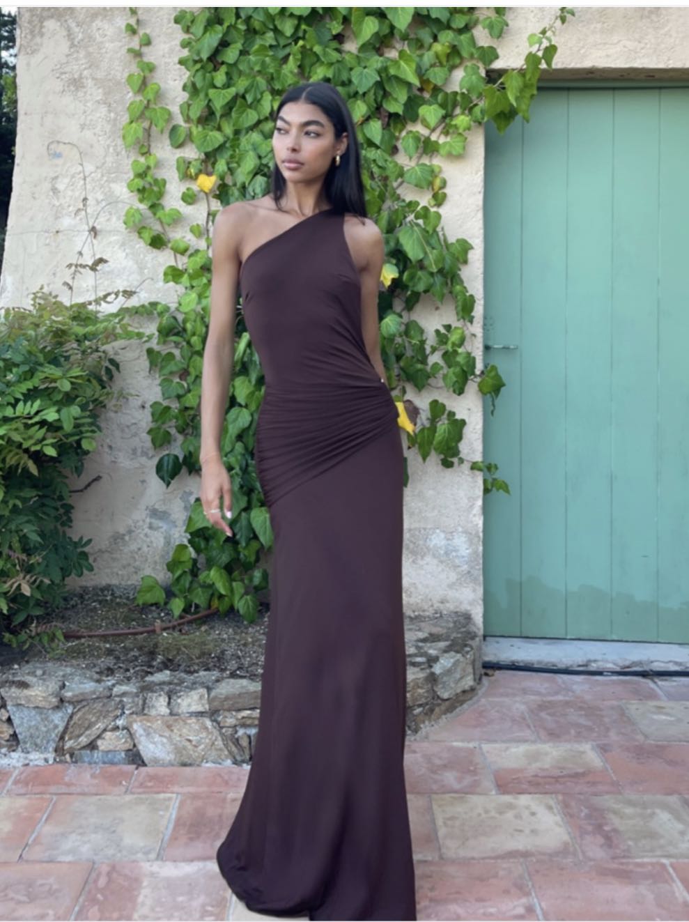 Brown One-Shoulder Cutout Gown