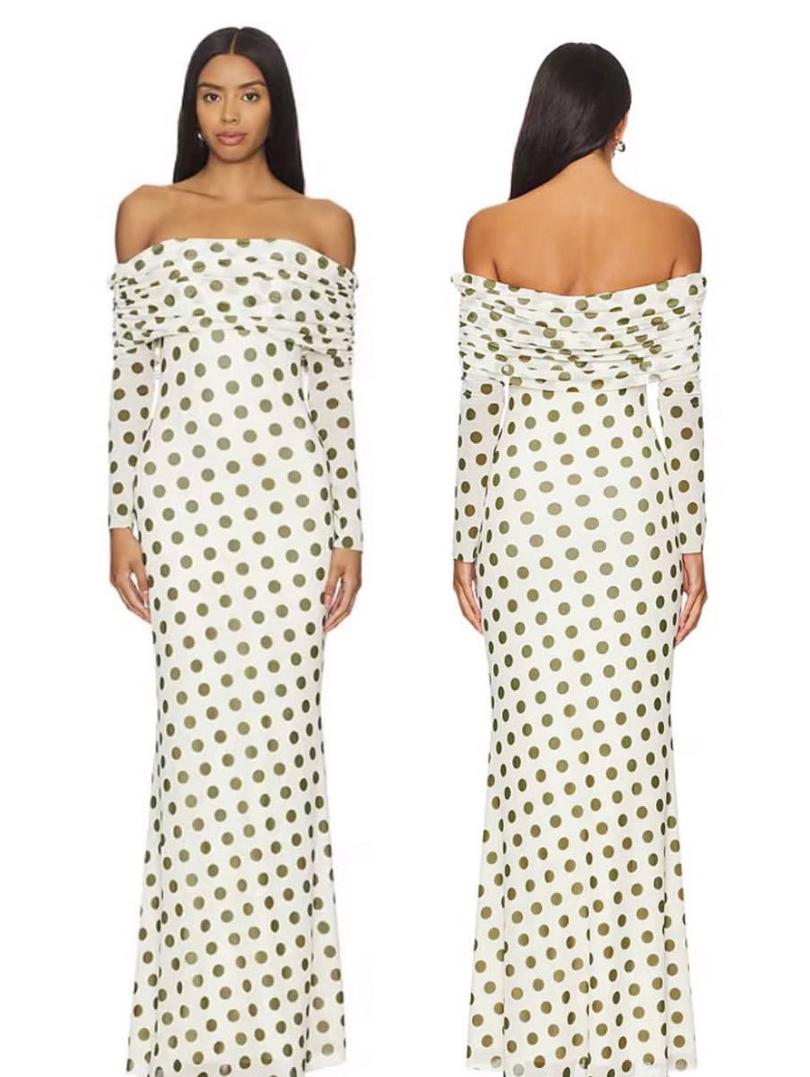 Off-Shoulder Polka Dot Maxi Dress