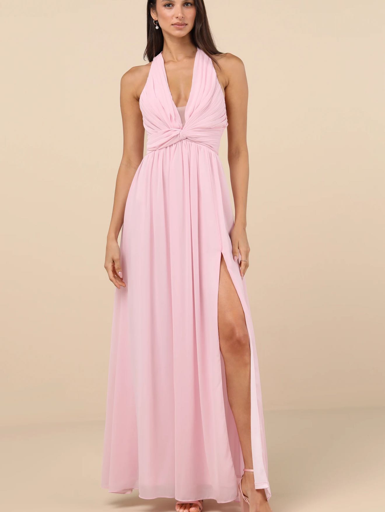 Marilina Light Pink Pleated Twist-Front Maxi Dress
