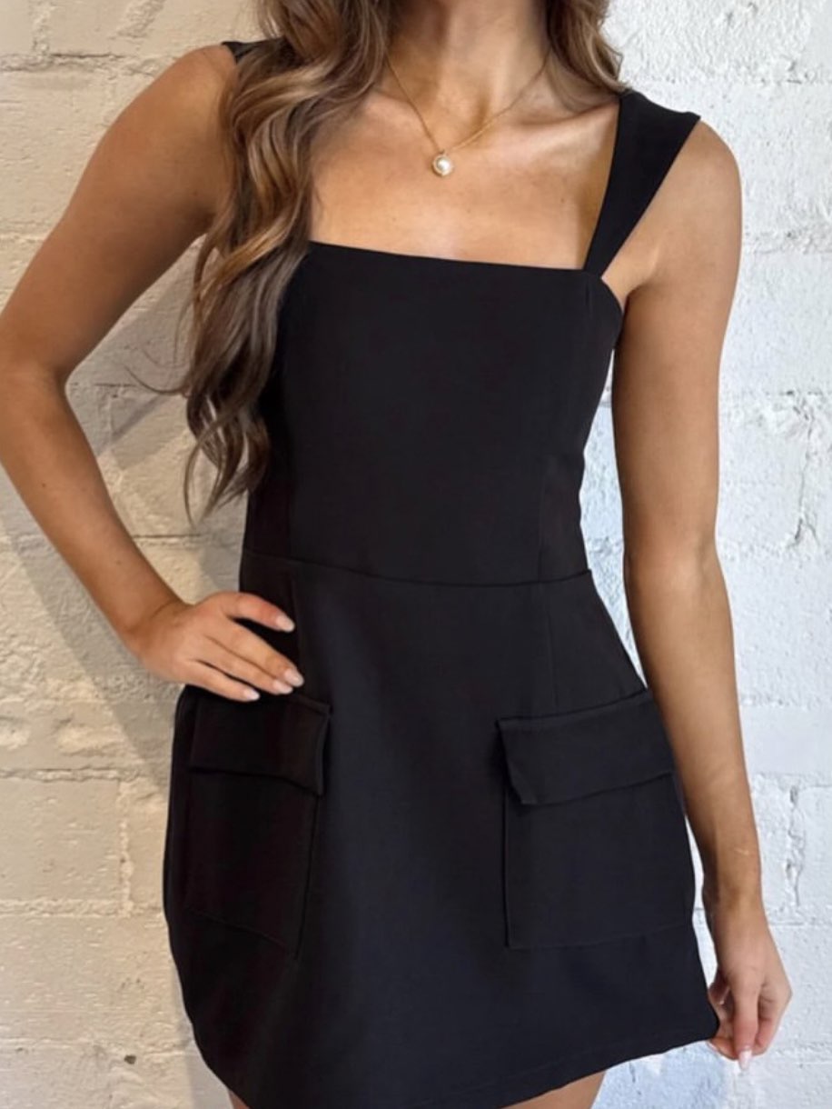 Black Square Neck Mini Dress with Pockets