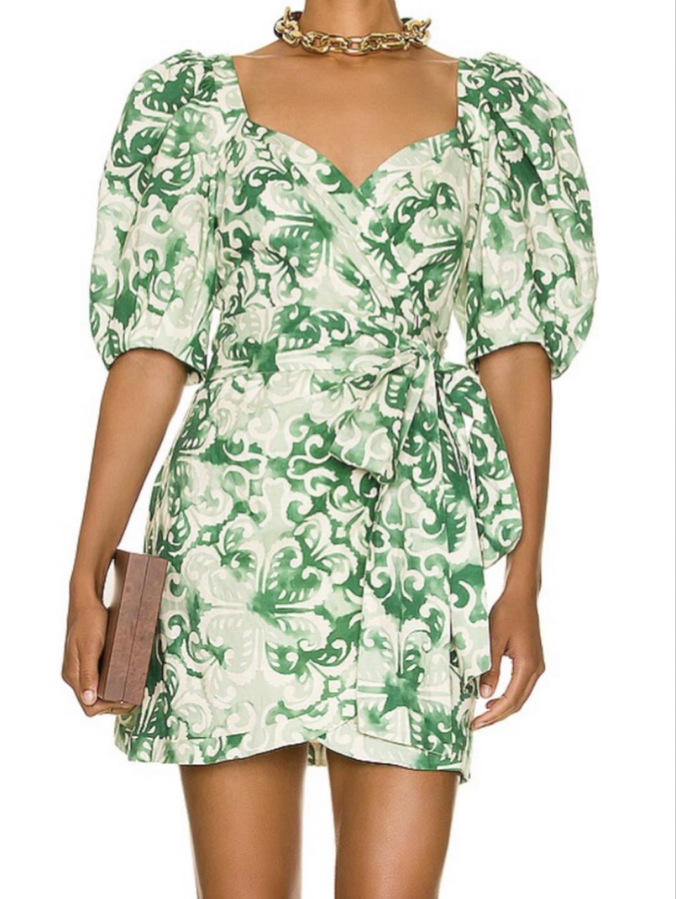 Green Patterned Puff Sleeve Mini Dress