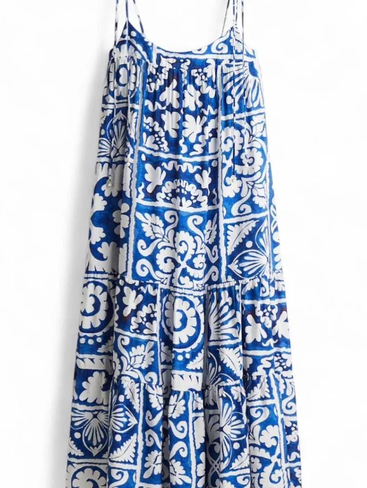 Blue and White Patterned Maxi Dress