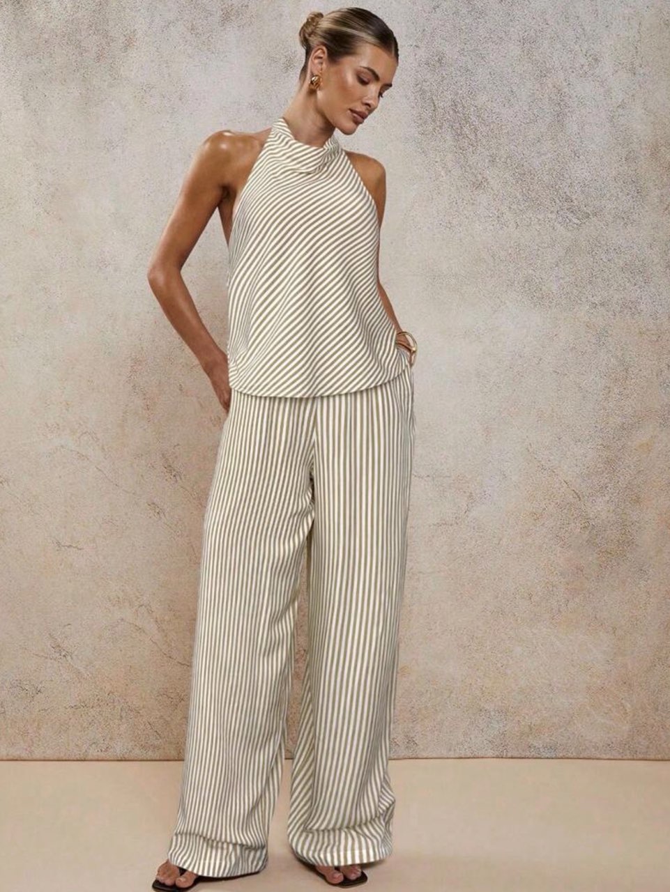 Striped Halter Top and Wide-Leg Pants Set