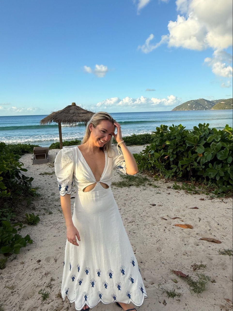 White Puff Sleeve Midi Dress with Cutouts
