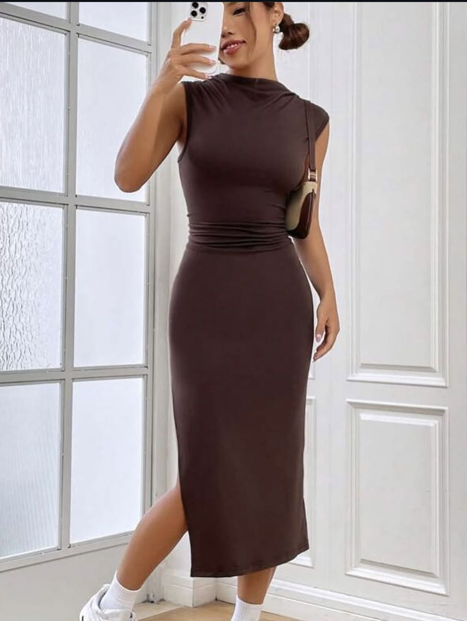 Brown Sleeveless Midi Dress