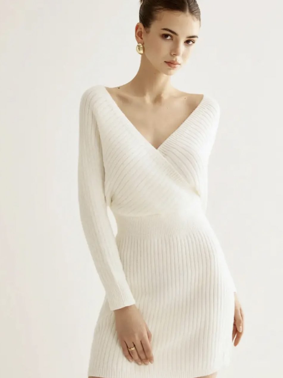 White Ribbed V-Neck Sweater Dress