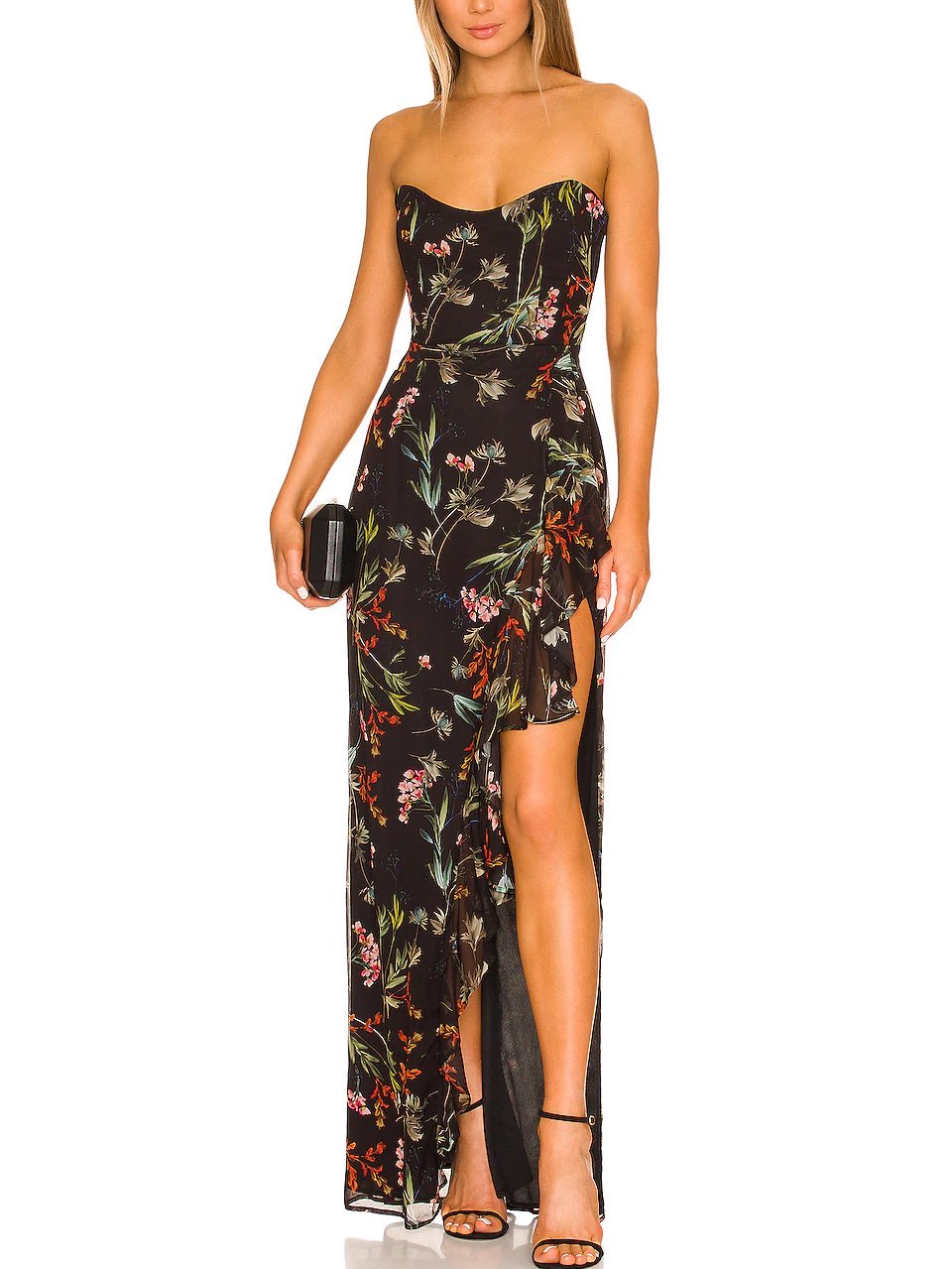 Black Floral Strapless Maxi Dress with Slit