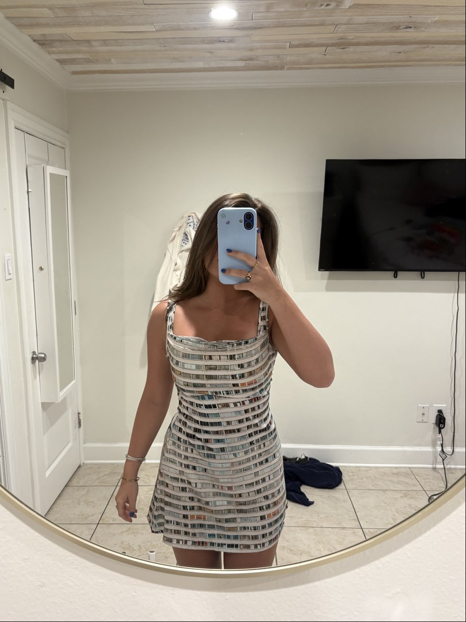 Architectural Print Cowl Neck Mini Dress