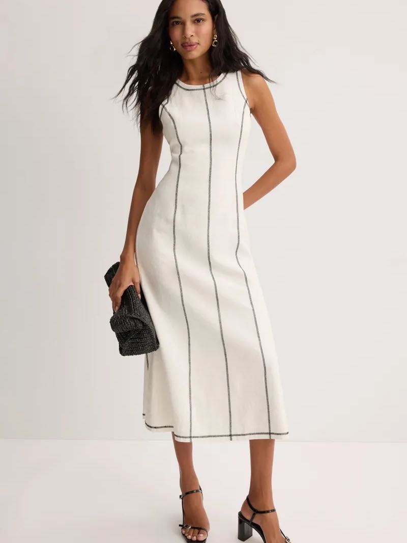 White and navy stitched maxi dress