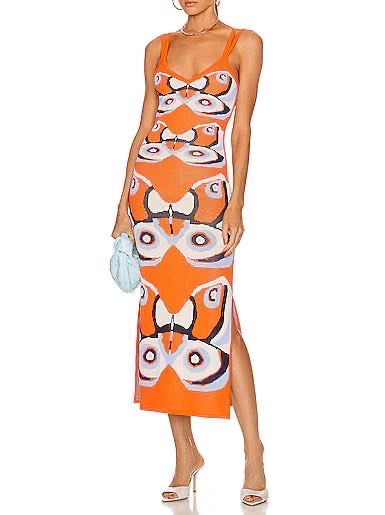 Orange Butterfly Print Midi Dress