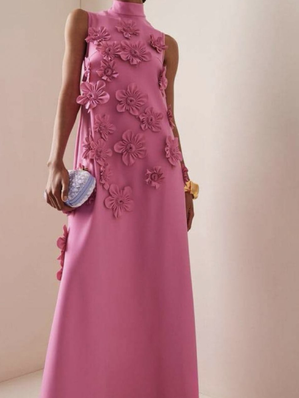 Pink Floral Applique Maxi Dress
