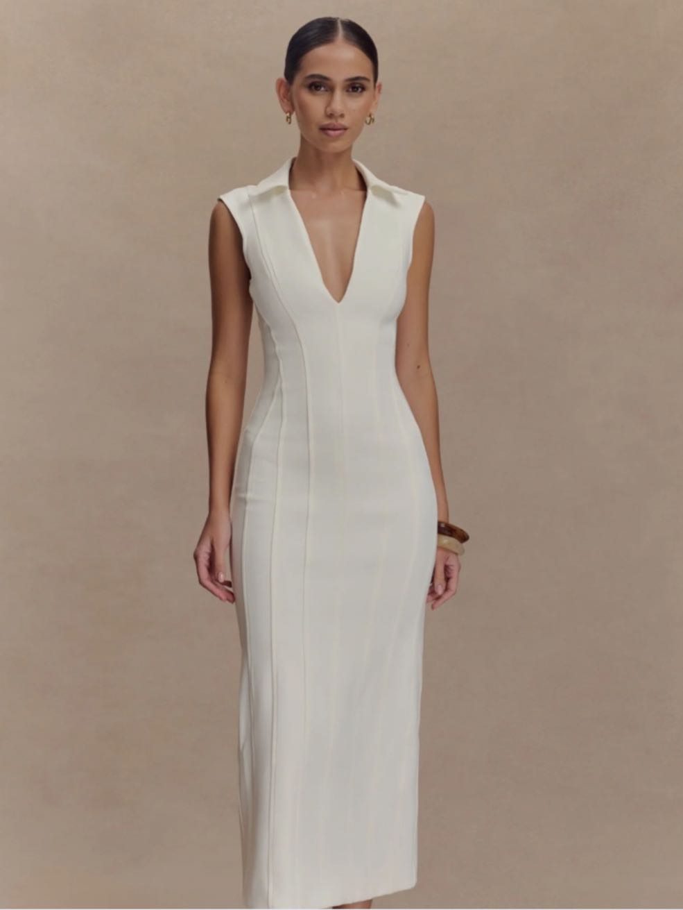 White Sleeveless Collared Midi Dress